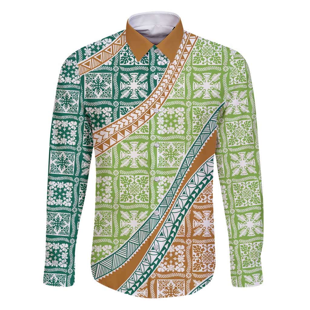 Hawaiian Quilt Pattern Family Matching Puletasi and Hawaiian Shirt Green Chestnut Color Mixed LT01 Dad's Shirt - Long Sleeve Green - Polynesian Pride