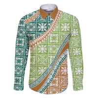 Hawaiian Quilt Pattern Family Matching Puletasi and Hawaiian Shirt Green Chestnut Color Mixed LT01 Dad's Shirt - Long Sleeve Green - Polynesian Pride