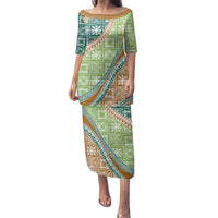 Hawaiian Quilt Pattern Family Matching Puletasi and Hawaiian Shirt Green Chestnut Color Mixed LT01 Mom's Dress Green - Polynesian Pride