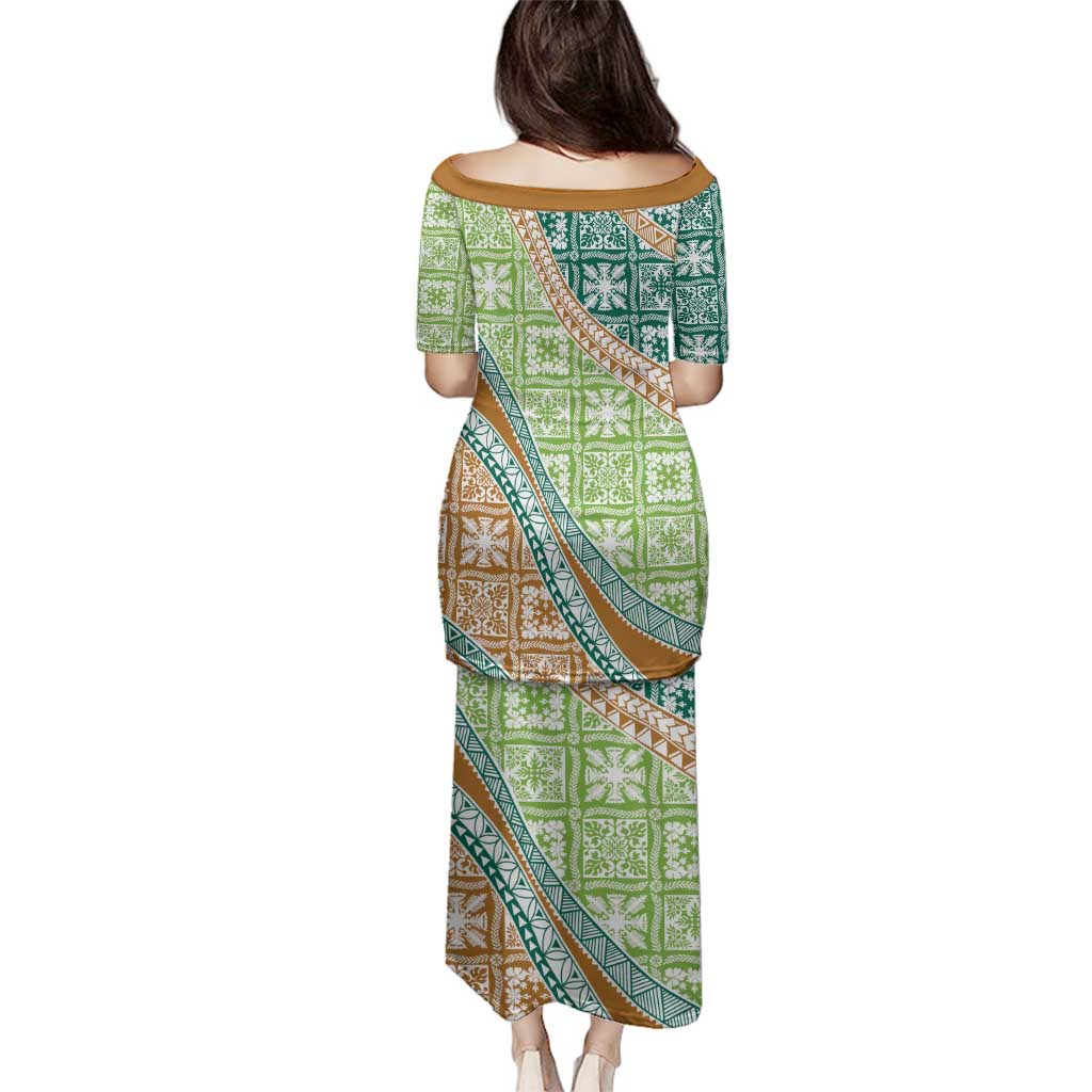 Hawaiian Quilt Pattern Family Matching Puletasi and Hawaiian Shirt Green Chestnut Color Mixed LT01 - Polynesian Pride