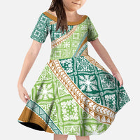 Hawaiian Quilt Pattern Family Matching Short Sleeve Bodycon Dress and Hawaiian Shirt Green Chestnut Color Mixed LT01 Daughter's Dress Green - Polynesian Pride
