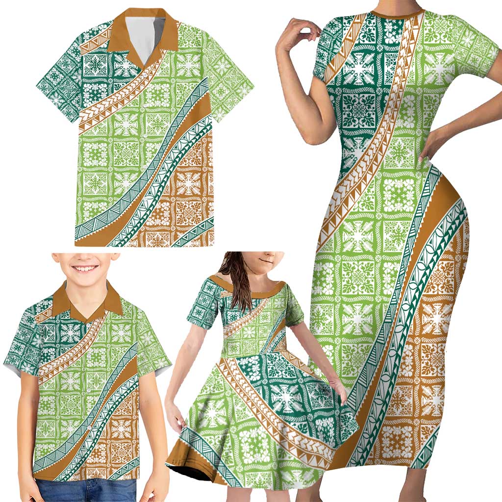 Hawaiian Quilt Pattern Family Matching Short Sleeve Bodycon Dress and Hawaiian Shirt Green Chestnut Color Mixed LT01 - Polynesian Pride