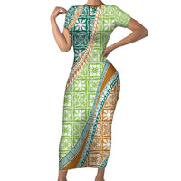 Hawaiian Quilt Pattern Family Matching Short Sleeve Bodycon Dress and Hawaiian Shirt Green Chestnut Color Mixed LT01 Mom's Dress Green - Polynesian Pride