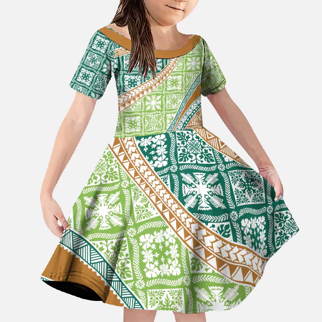 Hawaiian Quilt Pattern Family Matching Summer Maxi Dress and Hawaiian Shirt Green Chestnut Color Mixed LT01 Daughter's Dress Green - Polynesian Pride