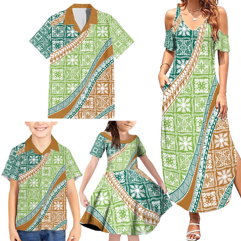 Hawaiian Quilt Pattern Family Matching Summer Maxi Dress and Hawaiian Shirt Green Chestnut Color Mixed LT01 - Polynesian Pride