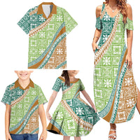 Hawaiian Quilt Pattern Family Matching Summer Maxi Dress and Hawaiian Shirt Green Chestnut Color Mixed LT01 - Polynesian Pride