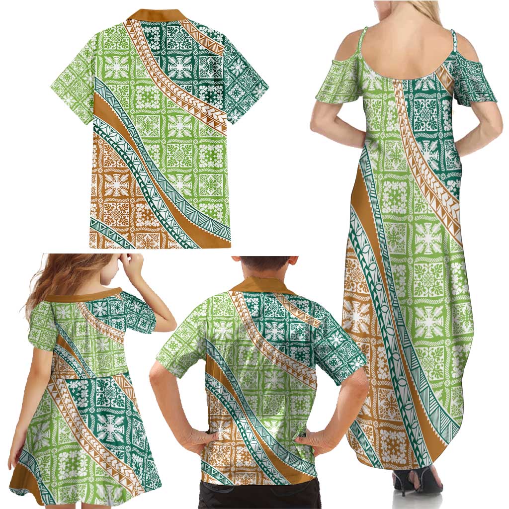 Hawaiian Quilt Pattern Family Matching Summer Maxi Dress and Hawaiian Shirt Green Chestnut Color Mixed LT01 - Polynesian Pride