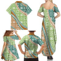 Hawaiian Quilt Pattern Family Matching Summer Maxi Dress and Hawaiian Shirt Green Chestnut Color Mixed LT01 - Polynesian Pride