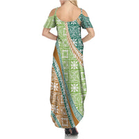 Hawaiian Quilt Pattern Family Matching Summer Maxi Dress and Hawaiian Shirt Green Chestnut Color Mixed LT01 - Polynesian Pride