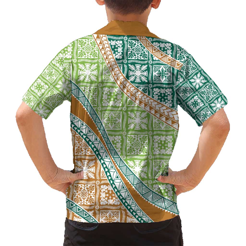 Hawaiian Quilt Pattern Family Matching Tank Maxi Dress and Hawaiian Shirt Green Chestnut Color Mixed LT01 - Polynesian Pride