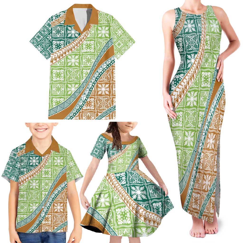 Hawaiian Quilt Pattern Family Matching Tank Maxi Dress and Hawaiian Shirt Green Chestnut Color Mixed LT01 - Polynesian Pride