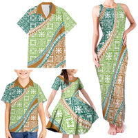 Hawaiian Quilt Pattern Family Matching Tank Maxi Dress and Hawaiian Shirt Green Chestnut Color Mixed LT01 - Polynesian Pride