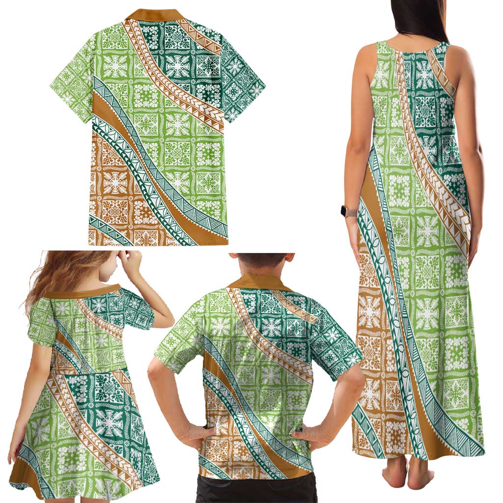 Hawaiian Quilt Pattern Family Matching Tank Maxi Dress and Hawaiian Shirt Green Chestnut Color Mixed LT01 - Polynesian Pride