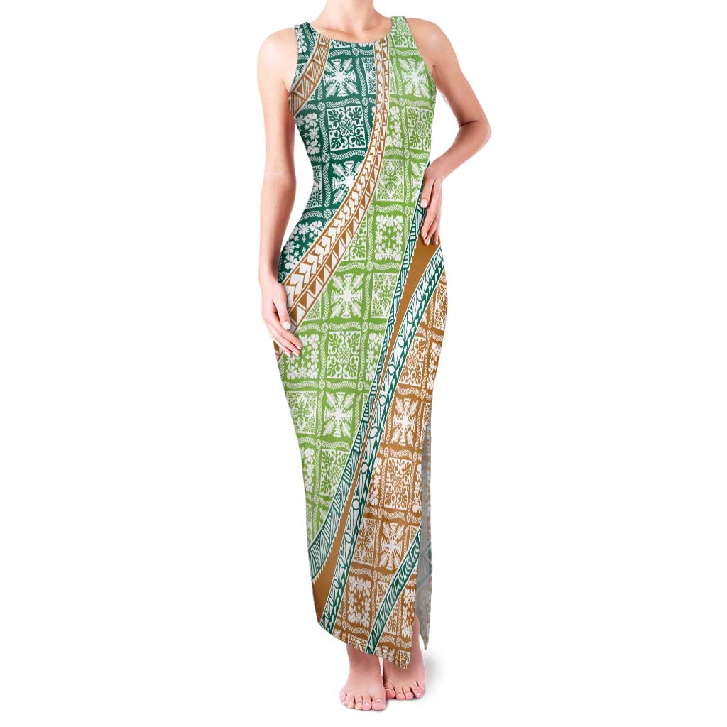 Hawaiian Quilt Pattern Family Matching Tank Maxi Dress and Hawaiian Shirt Green Chestnut Color Mixed LT01 Mom's Dress Green - Polynesian Pride