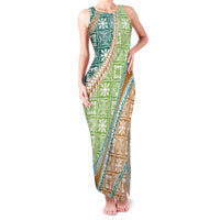 Hawaiian Quilt Pattern Family Matching Tank Maxi Dress and Hawaiian Shirt Green Chestnut Color Mixed LT01 Mom's Dress Green - Polynesian Pride