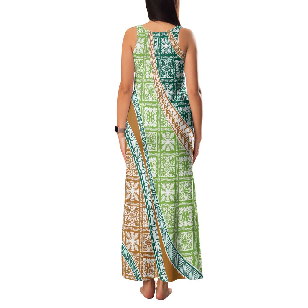 Hawaiian Quilt Pattern Family Matching Tank Maxi Dress and Hawaiian Shirt Green Chestnut Color Mixed LT01 - Polynesian Pride
