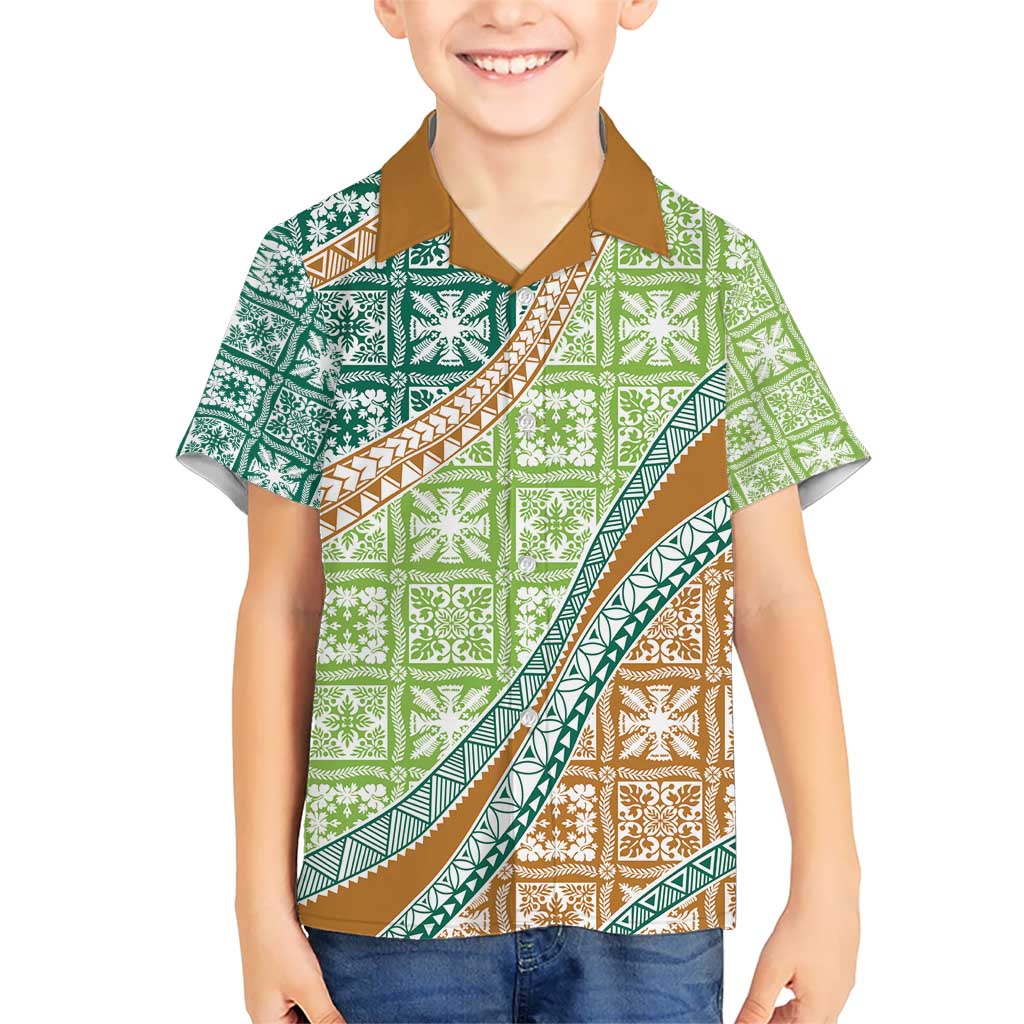 Hawaiian Quilt Pattern Kid Hawaiian Shirt Green Chestnut Color Mixed LT01 Kid Green - Polynesian Pride