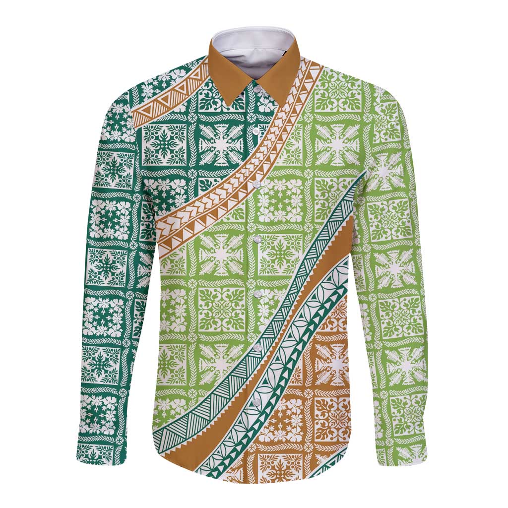 Hawaiian Quilt Pattern Long Sleeve Button Shirt Green Chestnut Color Mixed LT01 Unisex Green - Polynesian Pride