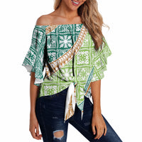 Hawaiian Quilt Pattern Off Shoulder Wrap Waist Top Green Chestnut Color Mixed LT01 - Polynesian Pride