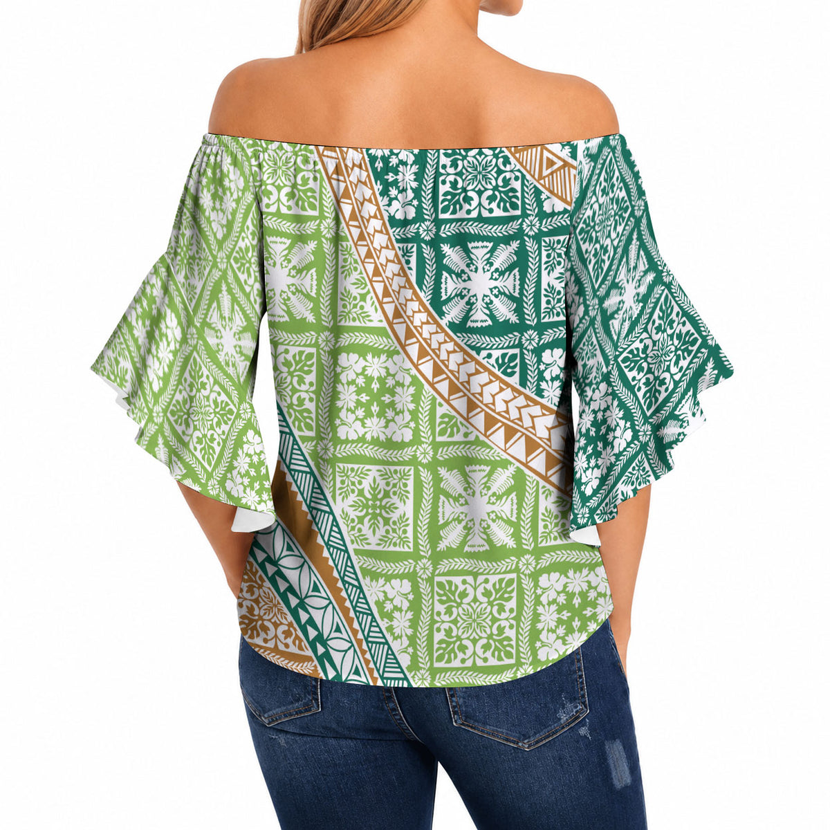 Hawaiian Quilt Pattern Off Shoulder Wrap Waist Top Green Chestnut Color Mixed LT01 - Polynesian Pride