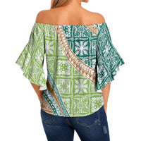 Hawaiian Quilt Pattern Off Shoulder Wrap Waist Top Green Chestnut Color Mixed LT01 - Polynesian Pride