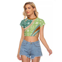 Hawaiian Quilt Pattern Raglan Cropped T Shirt Green Chestnut Color Mixed LT01 Female Green - Polynesian Pride