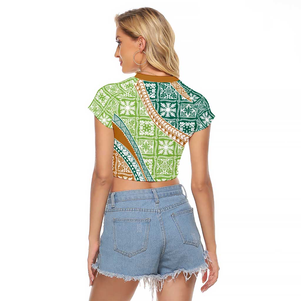 Hawaiian Quilt Pattern Raglan Cropped T Shirt Green Chestnut Color Mixed LT01 - Polynesian Pride