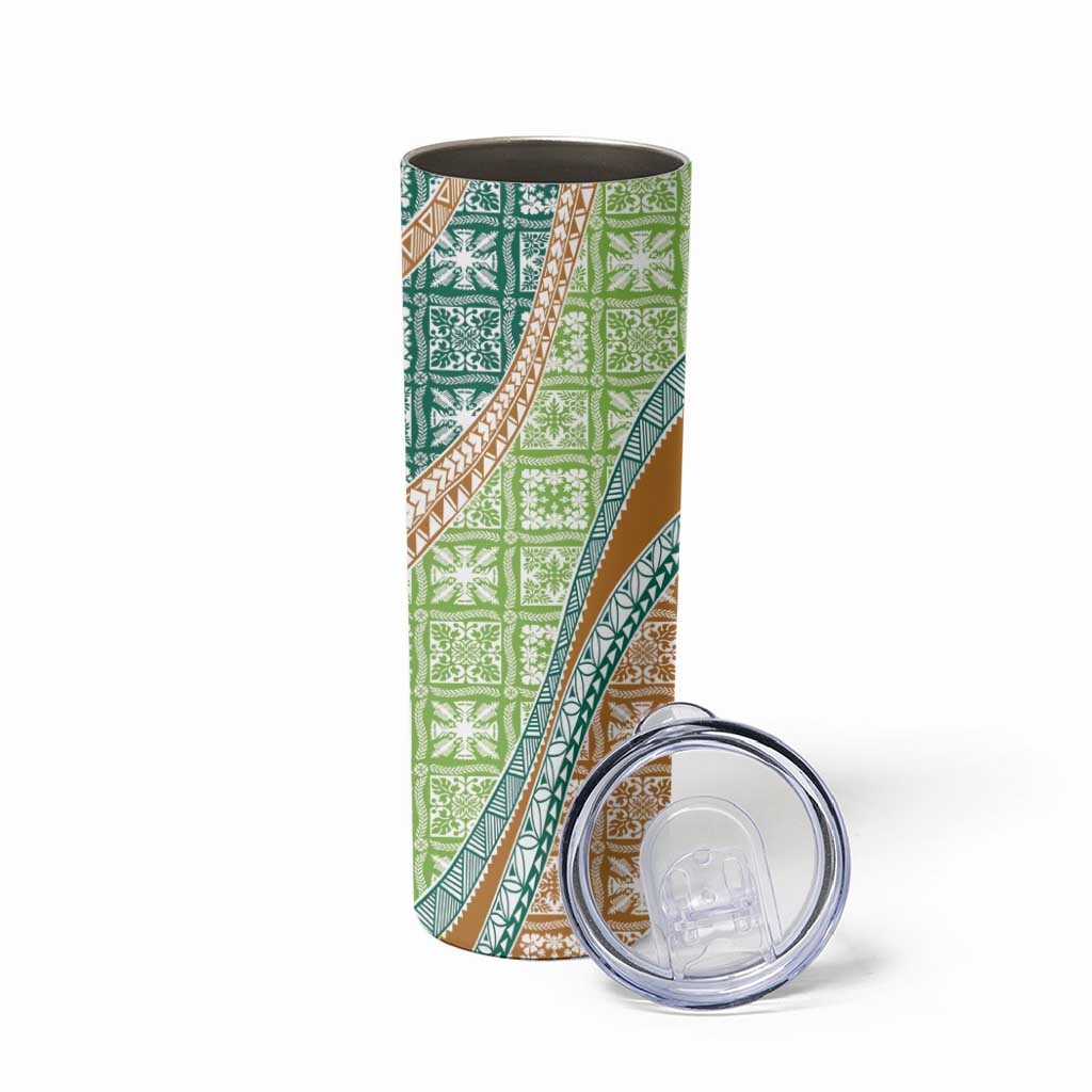 Hawaiian Quilt Pattern Skinny Tumbler Green Chestnut Color Mixed - Polynesian Pride