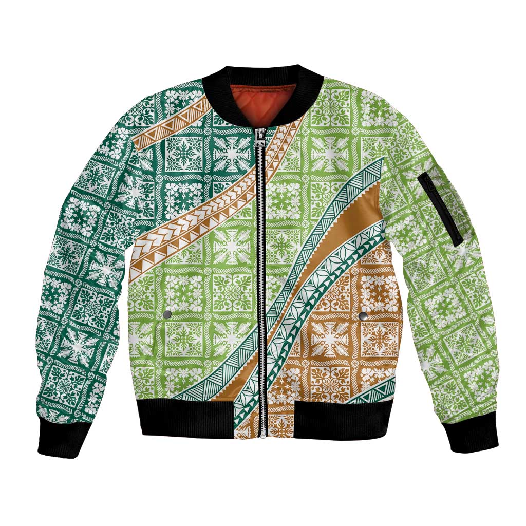 Hawaiian Quilt Pattern Sleeve Zip Bomber Jacket Green Chestnut Color Mixed LT01 Unisex Green - Polynesian Pride