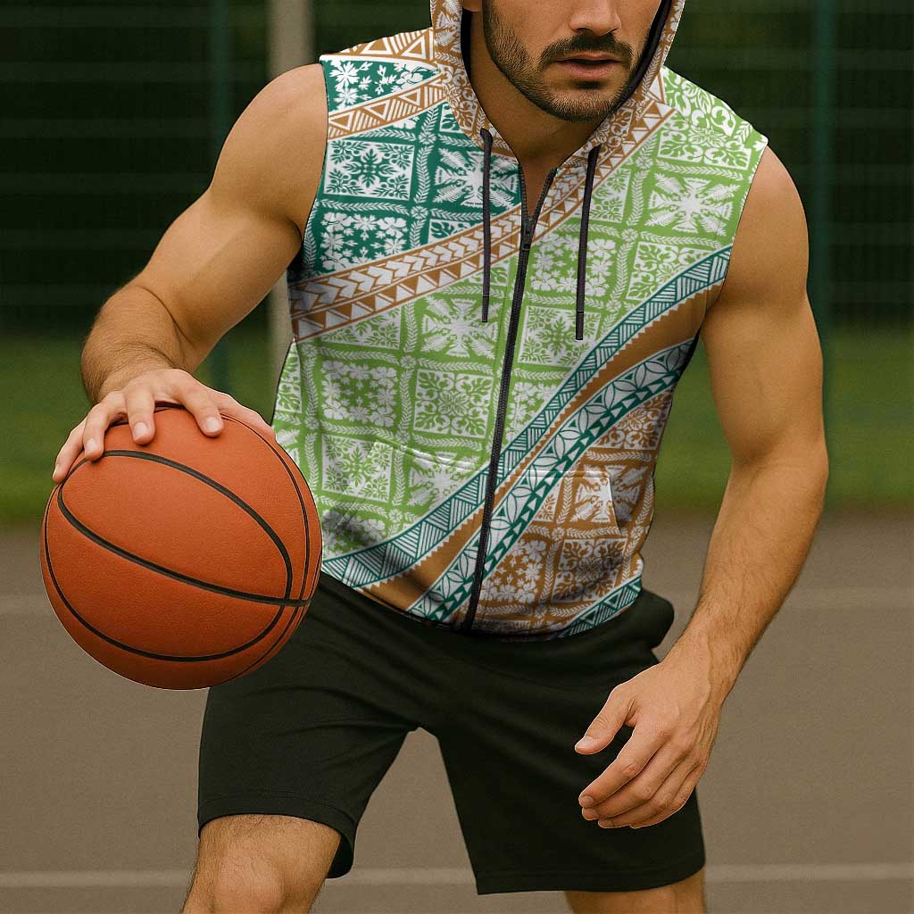 Hawaiian Quilt Pattern Sleeveless Zip Hoodie Green Chestnut Color Mixed - Polynesian Pride