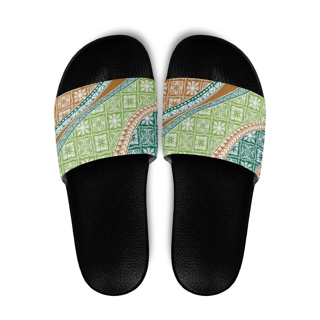 Hawaiian Quilt Pattern Slide Sandals Green Chestnut Color Mixed - Polynesian Pride