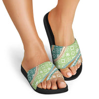 Hawaiian Quilt Pattern Slide Sandals Green Chestnut Color Mixed - Polynesian Pride