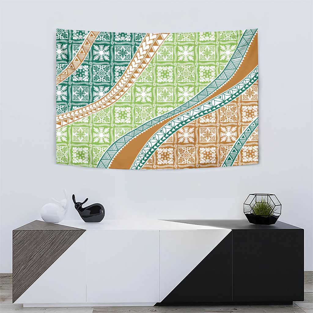 Hawaiian Quilt Pattern Tapestry Green Chestnut Color Mixed - Polynesian Pride