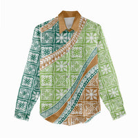Hawaiian Quilt Pattern Women Casual Shirt Green Chestnut Color Mixed - Polynesian Pride