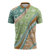 Hawaiian Quilt Pattern Zipper Polo Shirt Green Chestnut Color Mixed LT01 Green - Polynesian Pride