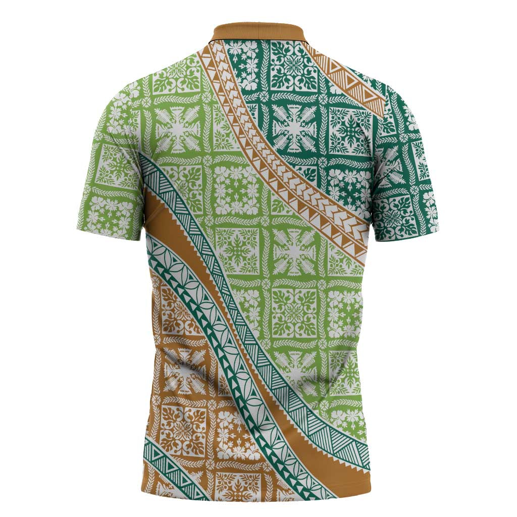 Hawaiian Quilt Pattern Zipper Polo Shirt Green Chestnut Color Mixed LT01 - Polynesian Pride