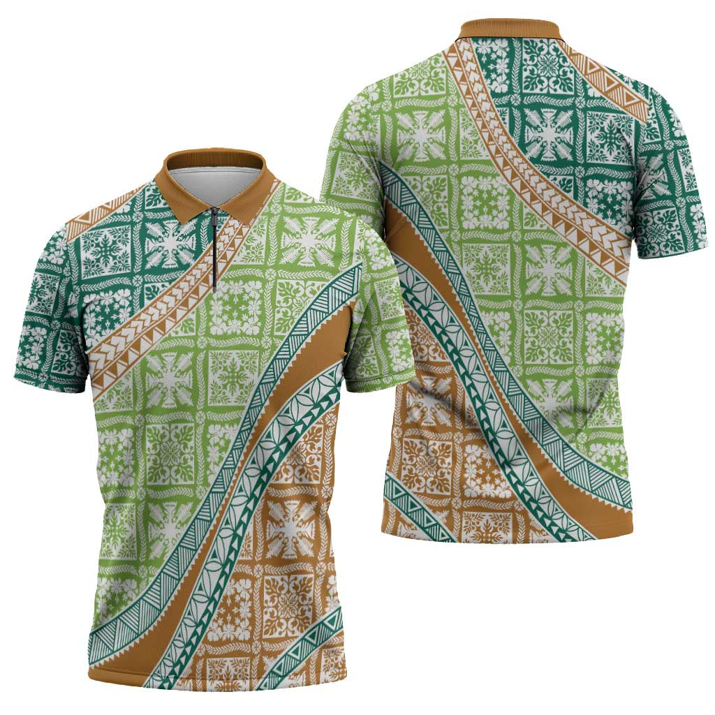 Hawaiian Quilt Pattern Zipper Polo Shirt Green Chestnut Color Mixed LT01 - Polynesian Pride