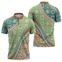 Hawaiian Quilt Pattern Zipper Polo Shirt Green Chestnut Color Mixed LT01 - Polynesian Pride