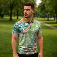 Hawaiian Quilt Pattern Zipper Polo Shirt Green Chestnut Color Mixed LT01 - Polynesian Pride