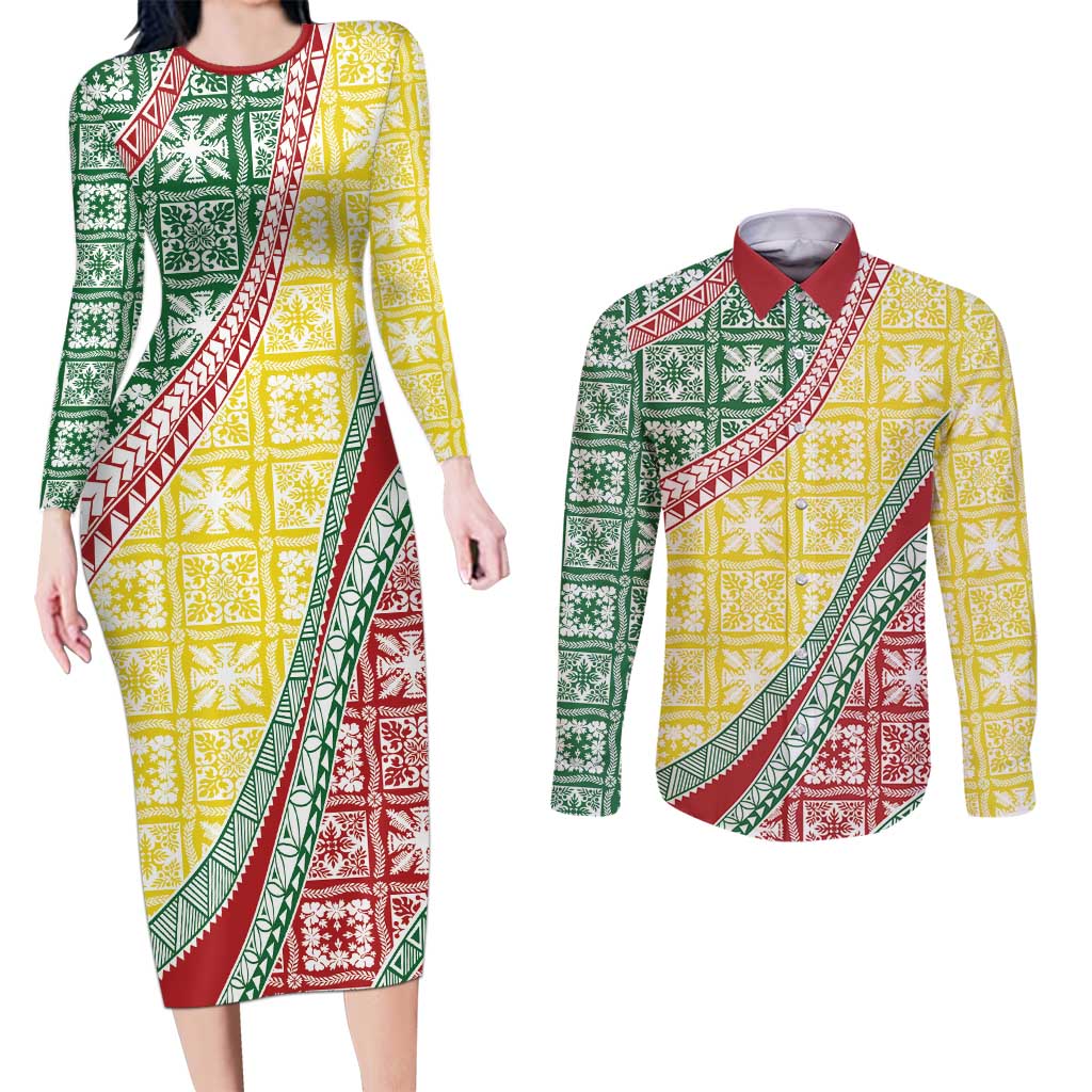 Hawaiian Quilt Pattern Couples Matching Long Sleeve Bodycon Dress and Long Sleeve Button Shirt Special Color Mixed LT01 Multicolor - Polynesian Pride