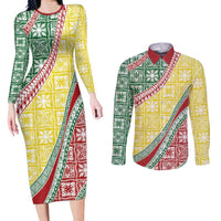 Hawaiian Quilt Pattern Couples Matching Long Sleeve Bodycon Dress and Long Sleeve Button Shirt Special Color Mixed LT01 Multicolor - Polynesian Pride