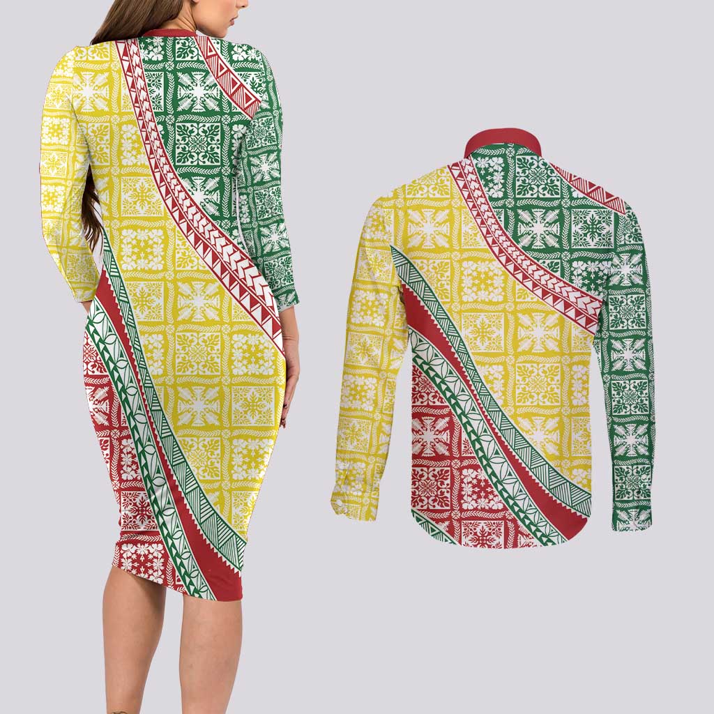 Hawaiian Quilt Pattern Couples Matching Long Sleeve Bodycon Dress and Long Sleeve Button Shirt Special Color Mixed LT01 - Polynesian Pride