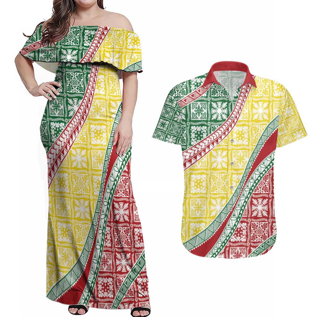 Hawaiian Quilt Pattern Couples Matching Off Shoulder Maxi Dress and Hawaiian Shirt Special Color Mixed LT01 Multicolor - Polynesian Pride