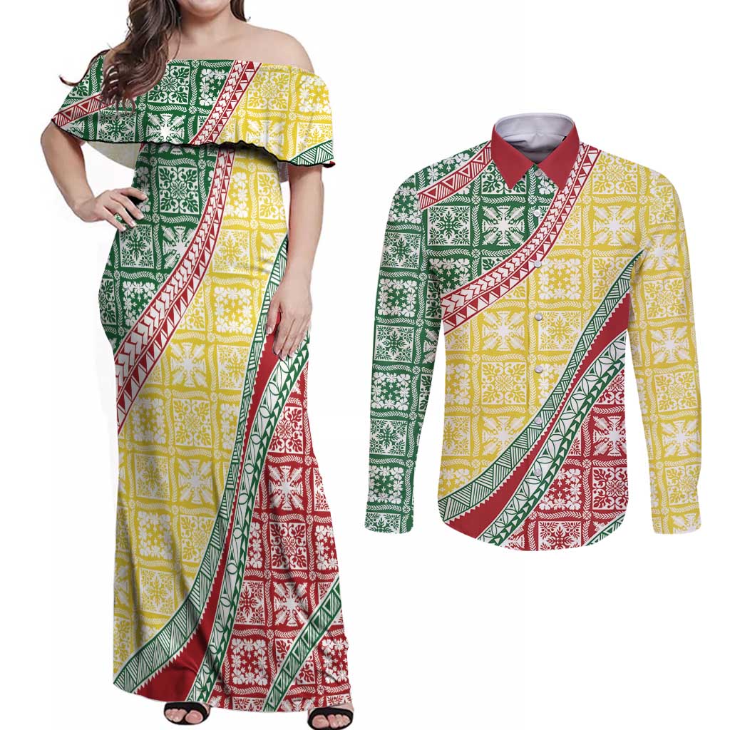 Hawaiian Quilt Pattern Couples Matching Off Shoulder Maxi Dress and Long Sleeve Button Shirt Special Color Mixed LT01 Multicolor - Polynesian Pride