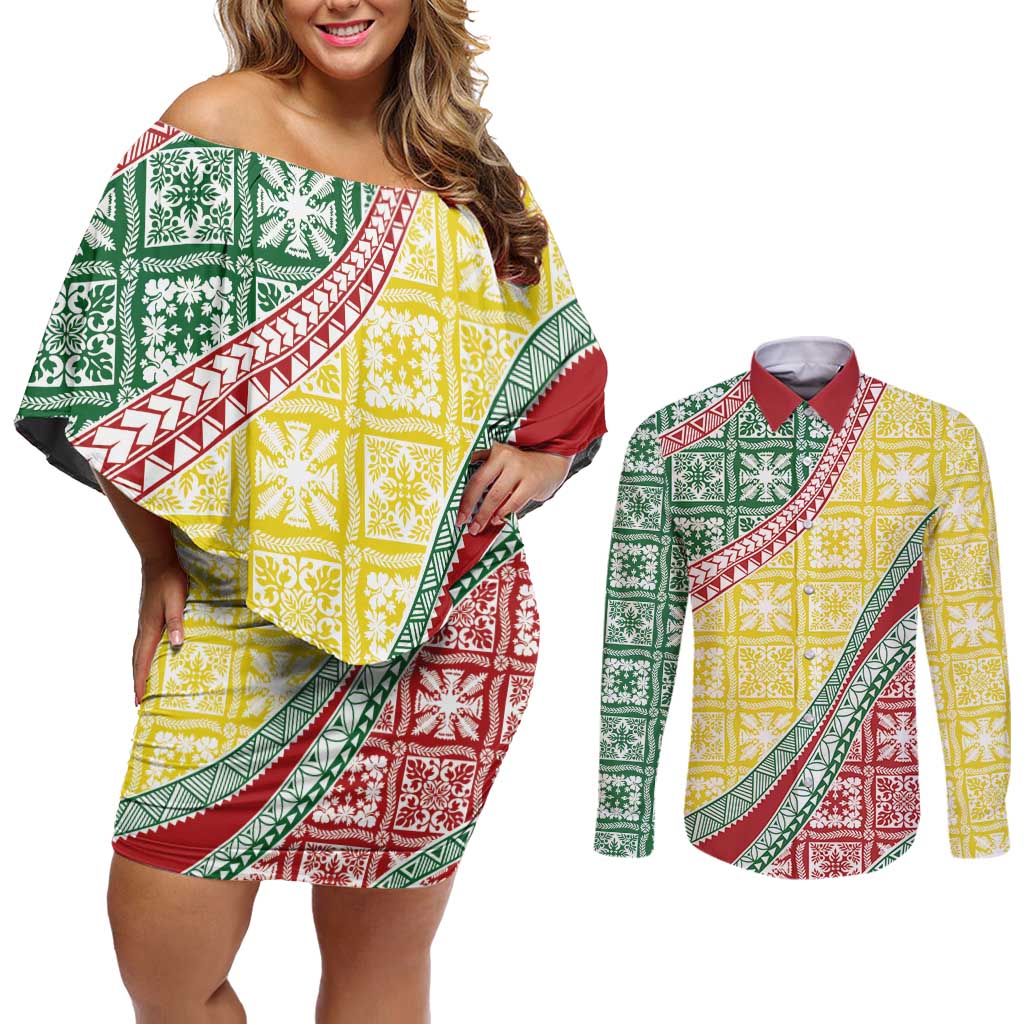 Hawaiian Quilt Pattern Couples Matching Off Shoulder Short Dress and Long Sleeve Button Shirt Special Color Mixed LT01 Multicolor - Polynesian Pride