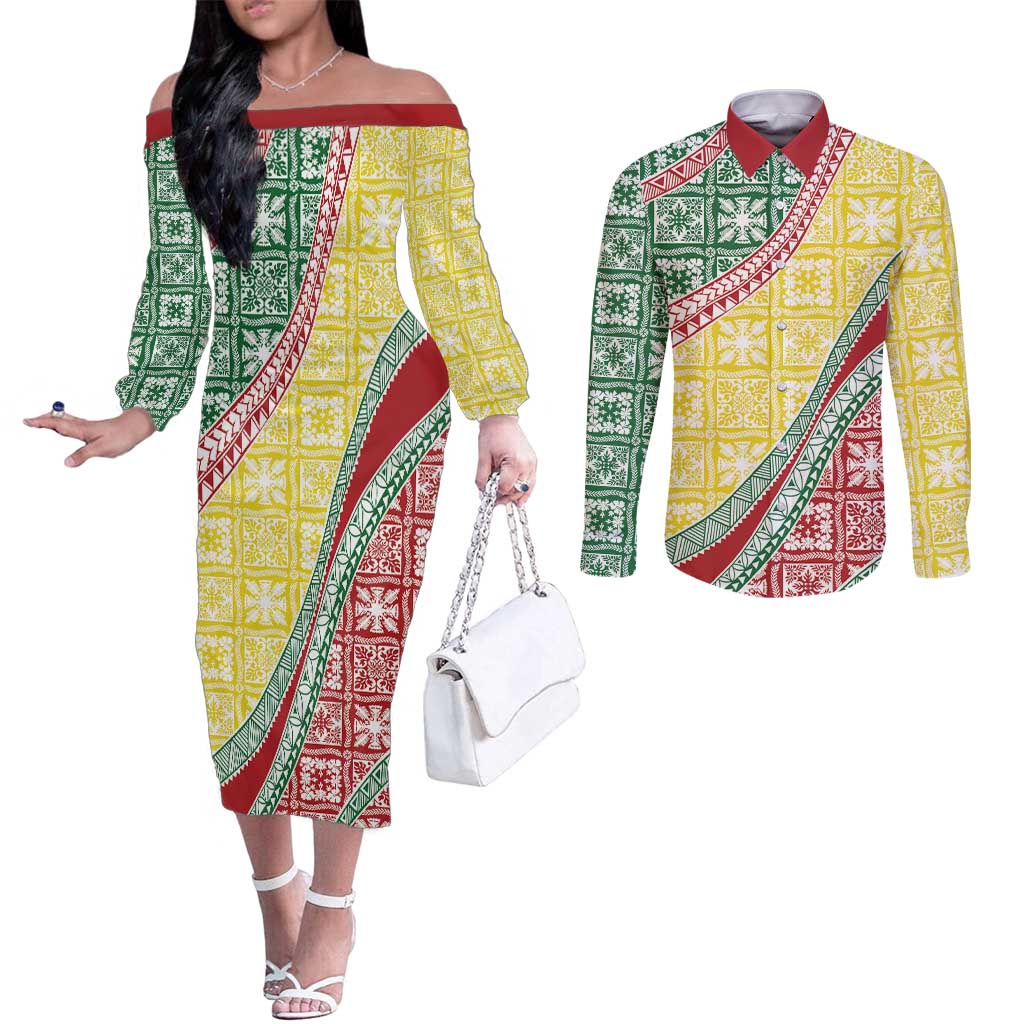 Hawaiian Quilt Pattern Couples Matching Off The Shoulder Long Sleeve Dress and Long Sleeve Button Shirt Special Color Mixed LT01 Multicolor - Polynesian Pride
