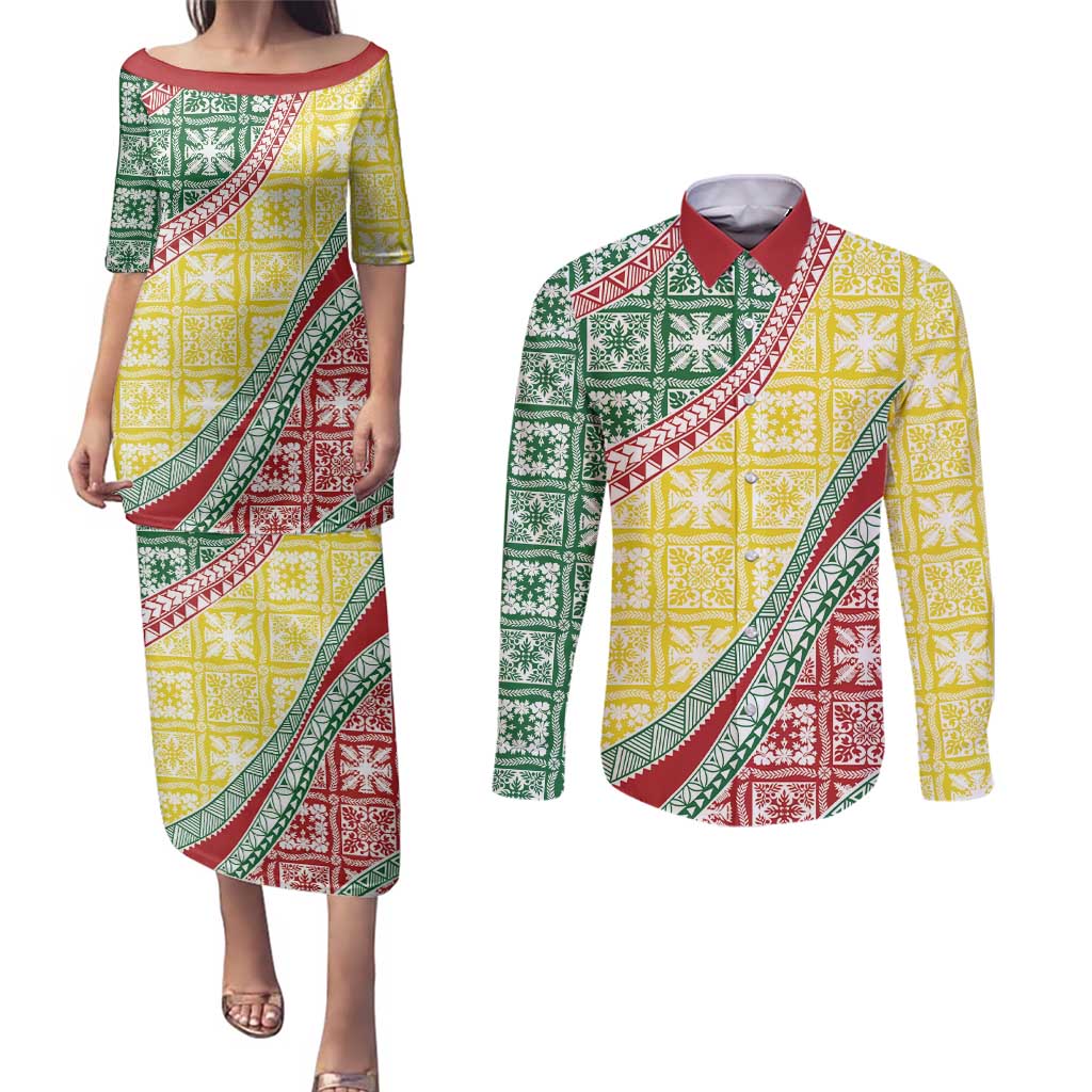 Hawaiian Quilt Pattern Couples Matching Puletasi and Long Sleeve Button Shirt Special Color Mixed LT01 Multicolor - Polynesian Pride