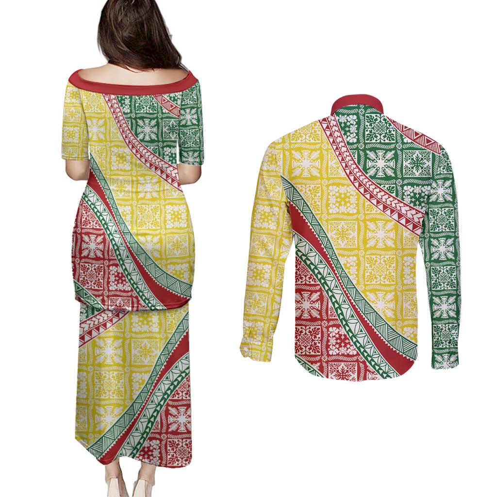 Hawaiian Quilt Pattern Couples Matching Puletasi and Long Sleeve Button Shirt Special Color Mixed LT01 - Polynesian Pride