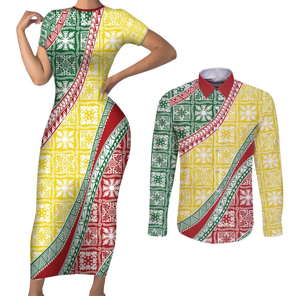 Hawaiian Quilt Pattern Couples Matching Short Sleeve Bodycon Dress and Long Sleeve Button Shirt Special Color Mixed LT01 Multicolor - Polynesian Pride