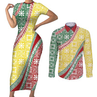 Hawaiian Quilt Pattern Couples Matching Short Sleeve Bodycon Dress and Long Sleeve Button Shirt Special Color Mixed LT01 Multicolor - Polynesian Pride